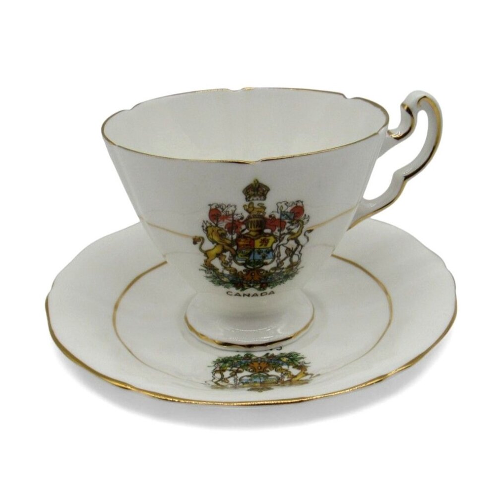ROYAL ADDERLEY Fine Bone China Canada Crest Teacup And Saucer Gold Trim Vintage